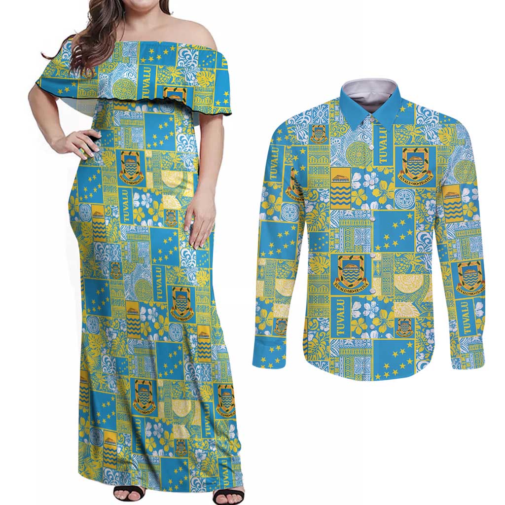 Tuvalu Manuia te Kilisimasi Couples Matching Off Shoulder Maxi Dress and Long Sleeve Button Shirt Pacific Patchwork Xmas Vibes - Polynesian Pride