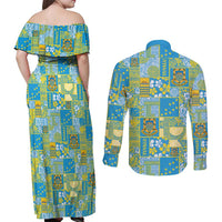 Tuvalu Manuia te Kilisimasi Couples Matching Off Shoulder Maxi Dress and Long Sleeve Button Shirt Pacific Patchwork Xmas Vibes - Polynesian Pride