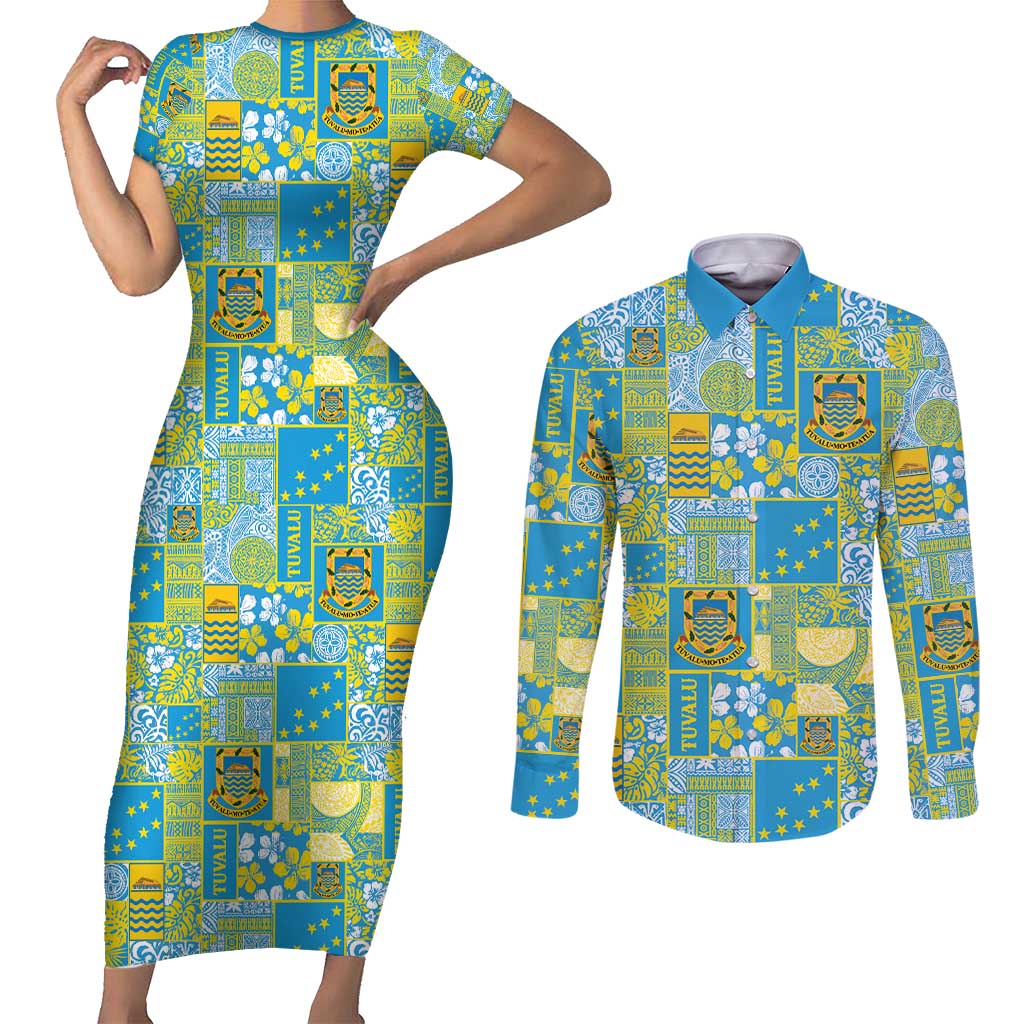 Tuvalu Manuia te Kilisimasi Couples Matching Short Sleeve Bodycon Dress and Long Sleeve Button Shirt Pacific Patchwork Xmas Vibes - Polynesian Pride