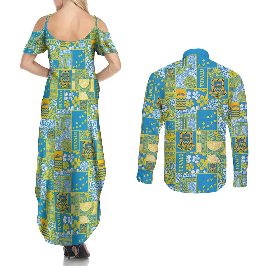 Tuvalu Manuia te Kilisimasi Couples Matching Summer Maxi Dress and Long Sleeve Button Shirt Pacific Patchwork Xmas Vibes - Polynesian Pride