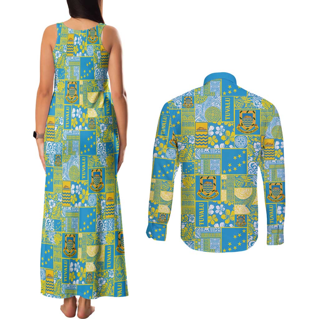 Tuvalu Manuia te Kilisimasi Couples Matching Tank Maxi Dress and Long Sleeve Button Shirt Pacific Patchwork Xmas Vibes - Polynesian Pride