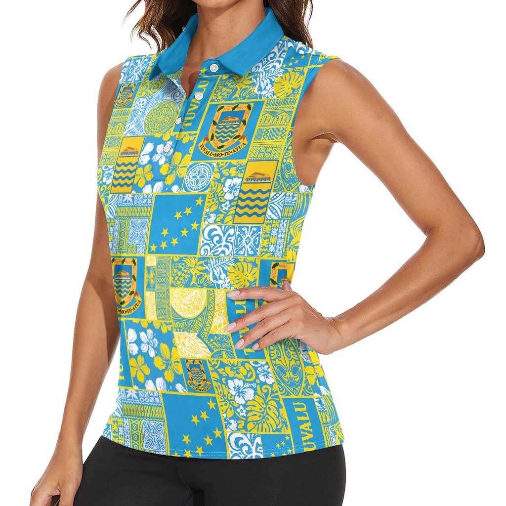 Tuvalu Manuia te Kilisimasi Women Sleeveless Polo Shirt Pacific Patchwork Xmas Vibes - Polynesian Pride