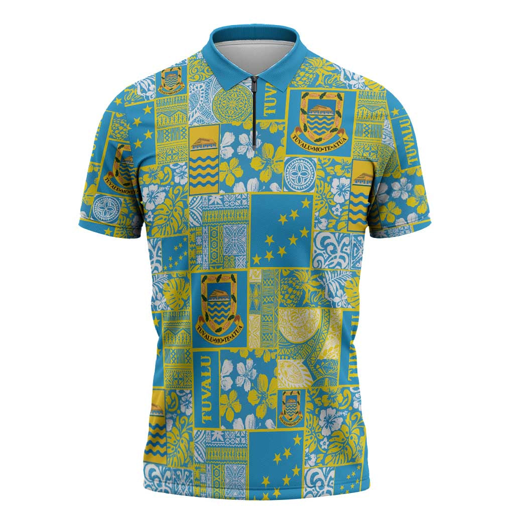 Tuvalu Manuia te Kilisimasi Zipper Polo Shirt Pacific Patchwork Xmas Vibes - Polynesian Pride