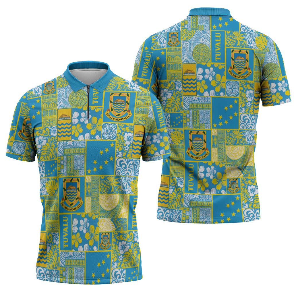 Tuvalu Manuia te Kilisimasi Zipper Polo Shirt Pacific Patchwork Xmas Vibes - Polynesian Pride