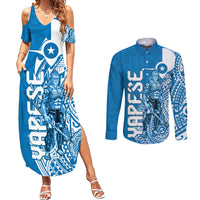 Yap Day 1 March Couples Matching Summer Maxi Dress and Long Sleeve Button Shirt Micronesia Yapese Warrior LT9 Blue - Polynesian Pride