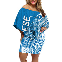 Yap Day 1 March Family Matching Off Shoulder Short Dress and Hawaiian Shirt Micronesia Yapese Warrior LT9 Mom's Dress Blue - Polynesian Pride