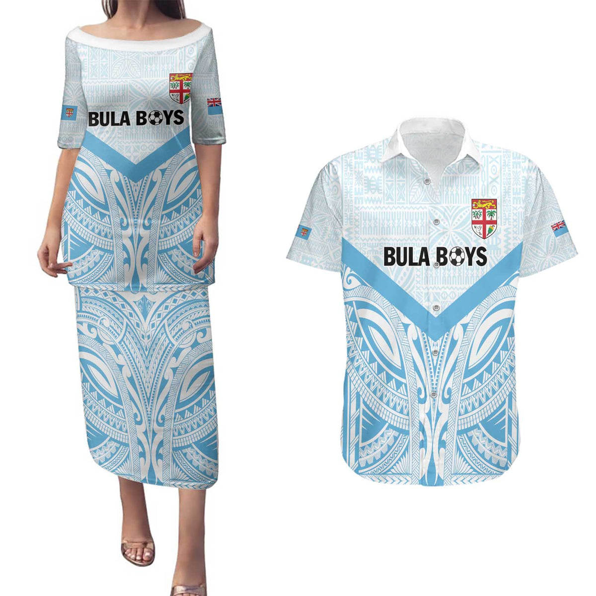 Fiji Football Custom Couples Matching Puletasi and Hawaiian Shirt Bula Boys Go Champions LT9 Blue - Polynesian Pride