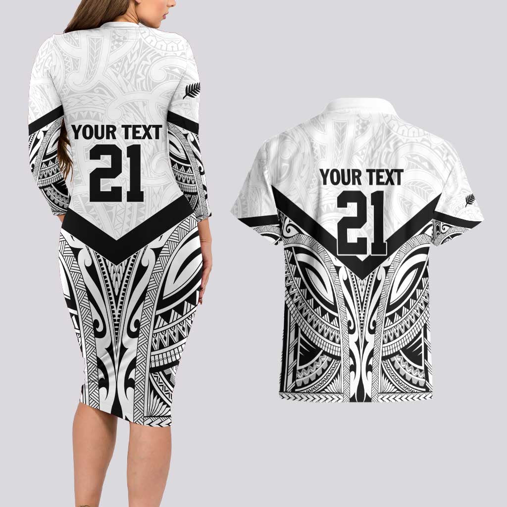 New Zealand Football Custom Couples Matching Long Sleeve Bodycon Dress and Hawaiian Shirt All White Fern Go Champions
