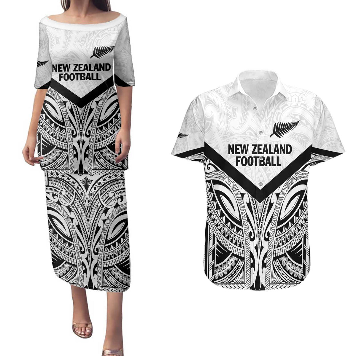 New Zealand Football Custom Couples Matching Puletasi and Hawaiian Shirt All White Fern Go Champions