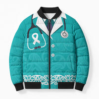 New Zealand Nurses Week Bomber Puffer Jacket Maori Kowhaiwhai Cyan Tribal LT9 Unisex Cyan - Polynesian Pride