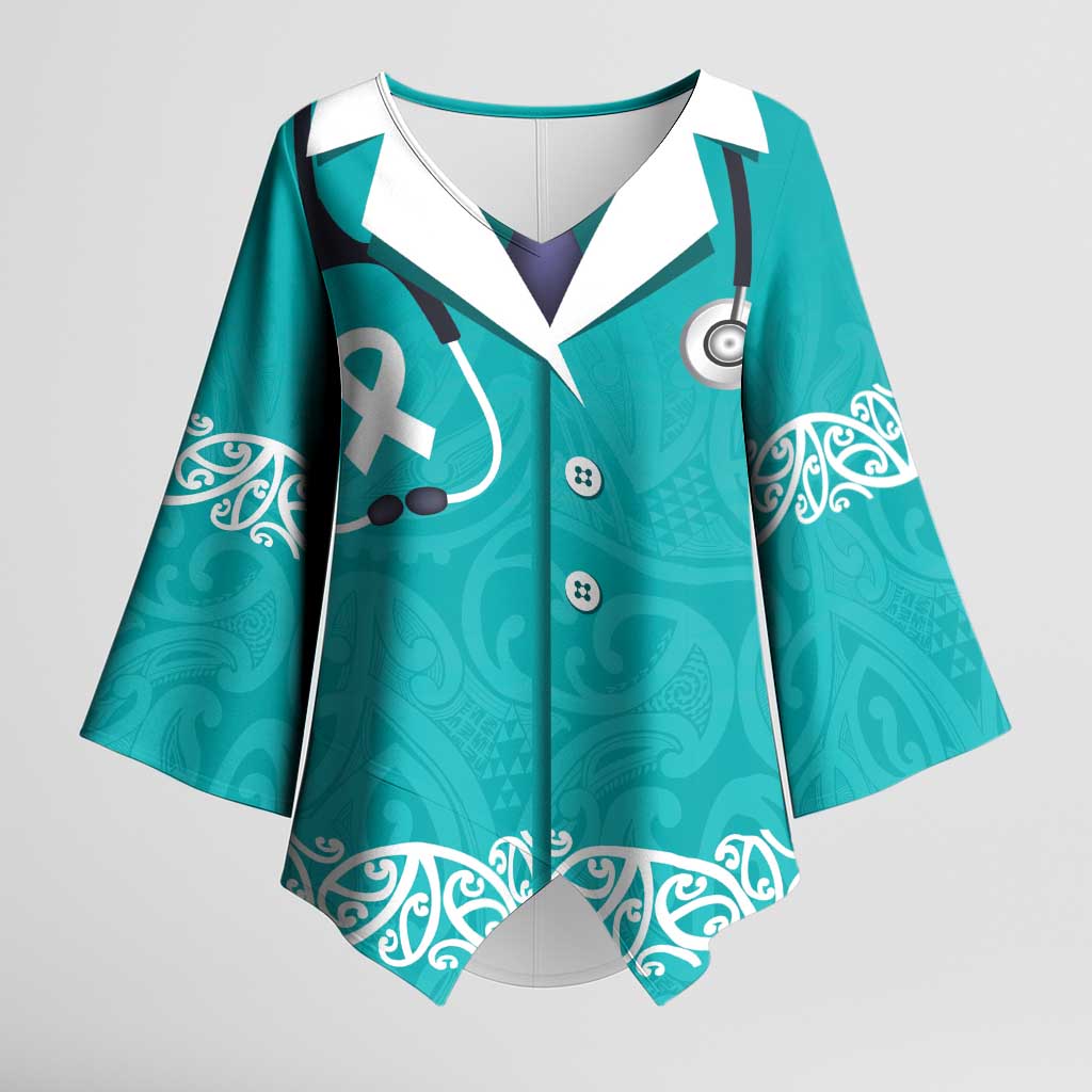 New Zealand Nurses Week Kimono Sleeve Blouse Maori Kowhaiwhai Cyan Tribal