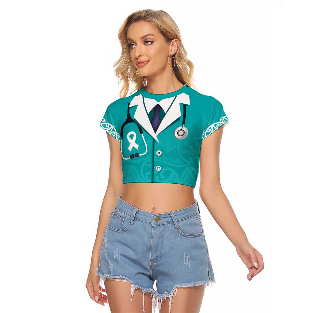 New Zealand Nurses Week Raglan Cropped T Shirt Maori Kowhaiwhai Cyan Tribal
