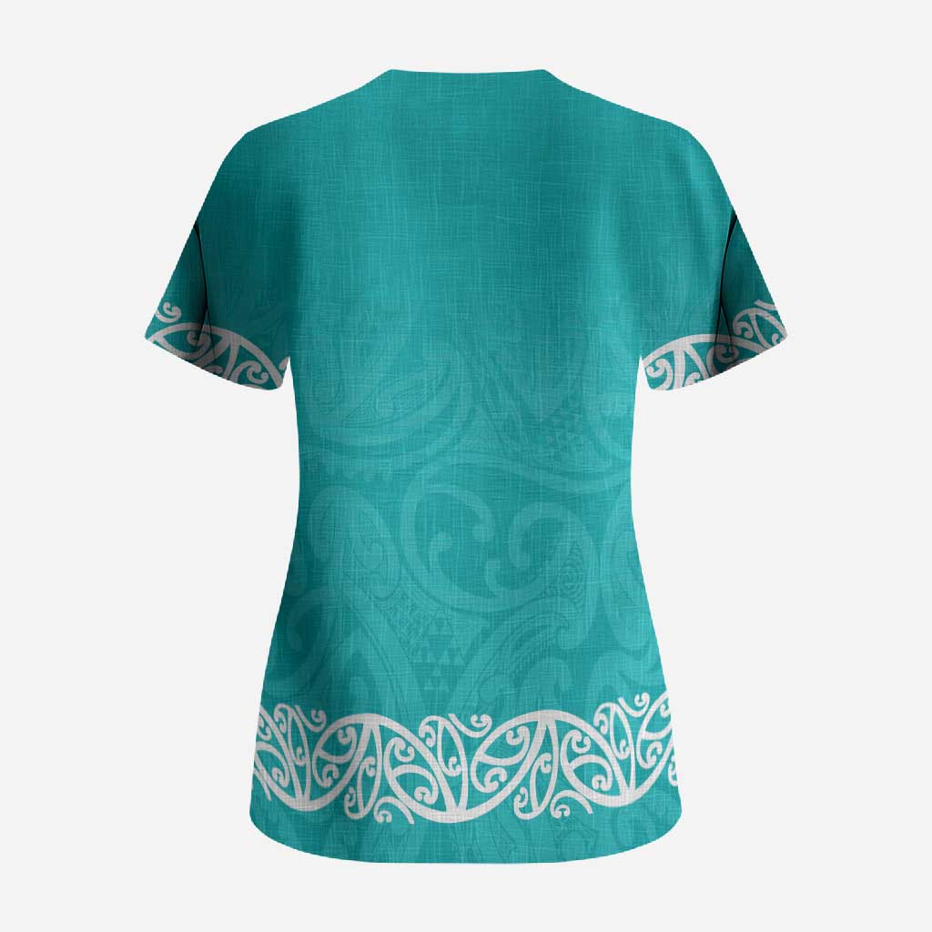 New Zealand Nurses Week Scrub Top Maori Kowhaiwhai Cyan Tribal LT9 - Polynesian Pride
