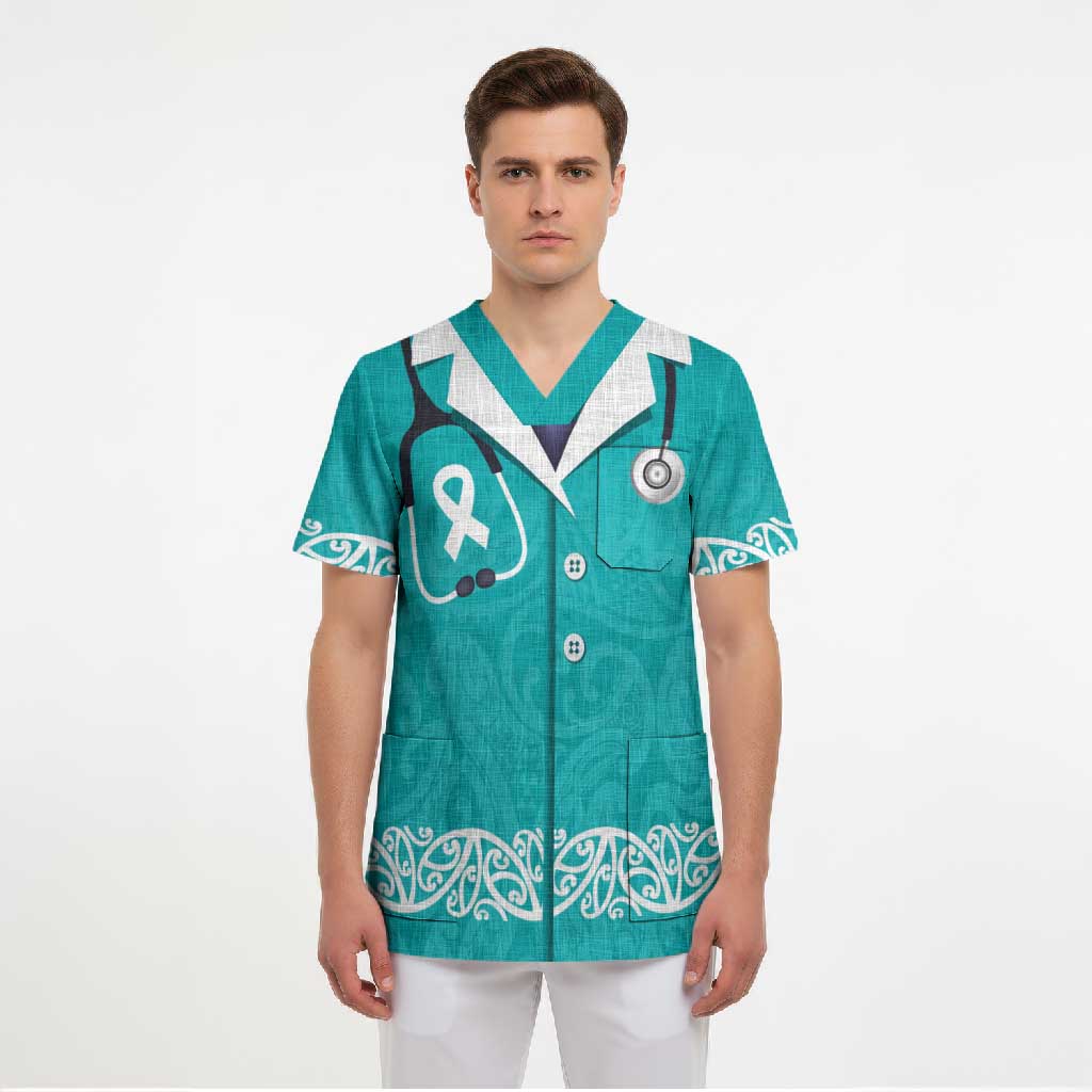 New Zealand Nurses Week Scrub Top Maori Kowhaiwhai Cyan Tribal LT9 - Polynesian Pride