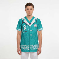 New Zealand Nurses Week Scrub Top Maori Kowhaiwhai Cyan Tribal LT9 - Polynesian Pride