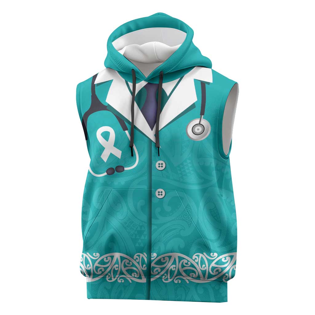 New Zealand Nurses Week Sleeveless Hoodie Maori Kowhaiwhai Cyan Tribal
