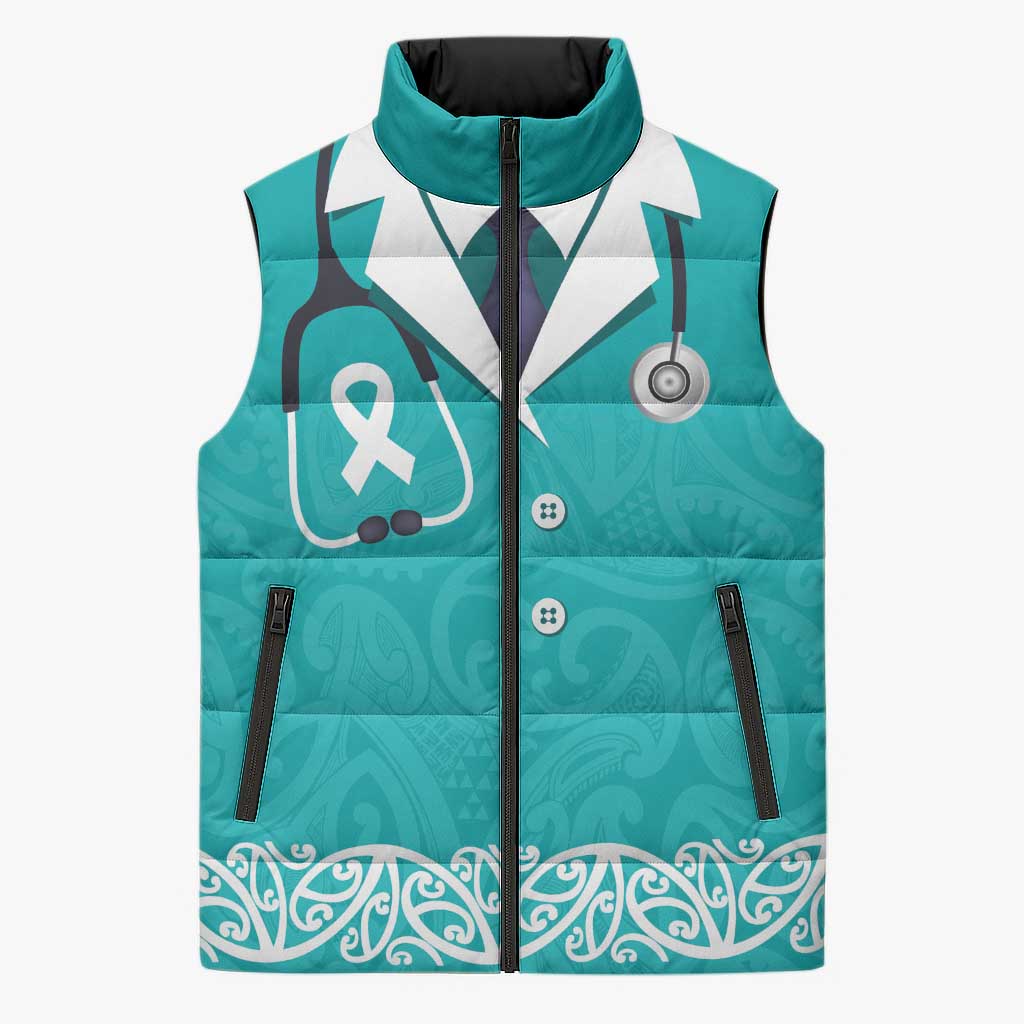 New Zealand Nurses Week Sleeveless Puffer Jacket Maori Kowhaiwhai Cyan Tribal