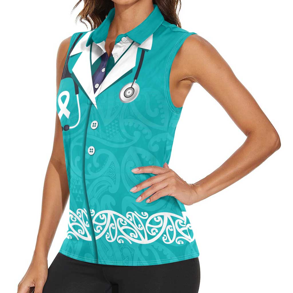 New Zealand Nurses Week Women Sleeveless Polo Shirt Maori Kowhaiwhai Cyan Tribal