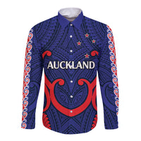 New Zealand Auckland Cricket Long Sleeve Button Shirt Polynesian with Maori Koru LT9 Unisex Blue - Polynesian Pride