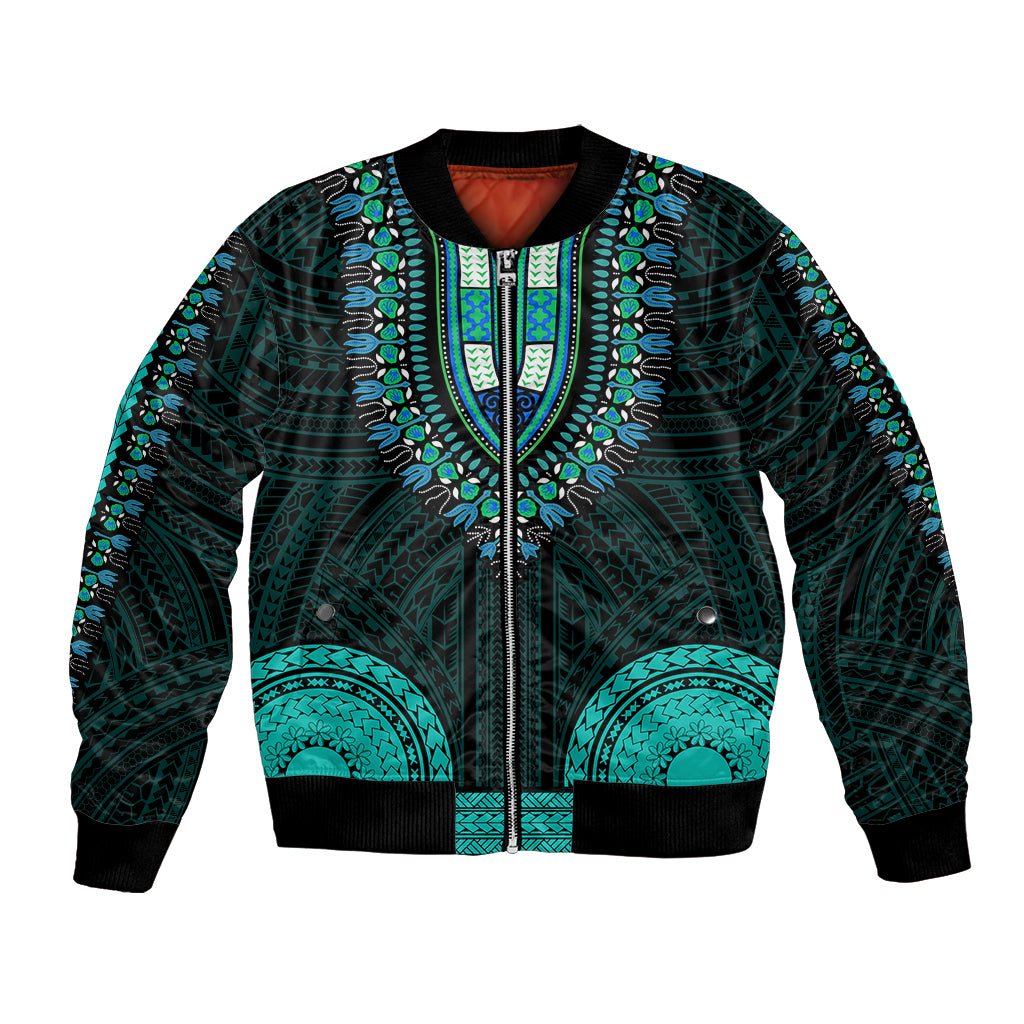 African Dashiki Bomber Jacket With Polynesian Pattern - Teal LT9 Unisex Teal - Polynesian Pride