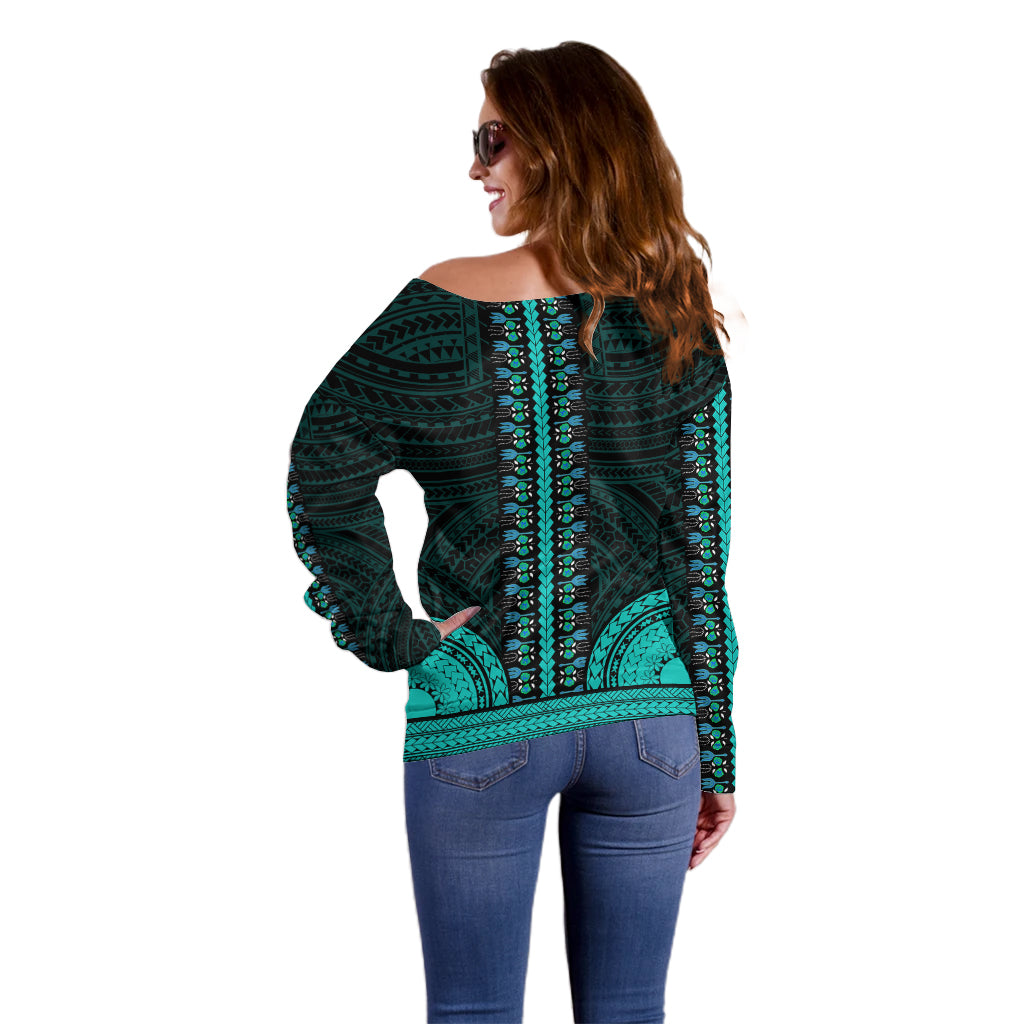 African Dashiki Off Shoulder Sweater With Polynesian Pattern - Teal LT9 - Polynesian Pride