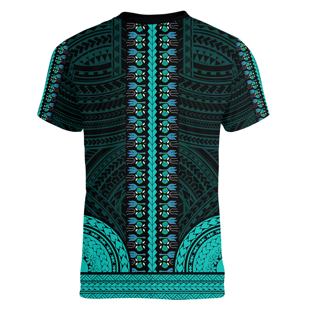 African Dashiki Women V Neck T Shirt With Polynesian Pattern - Teal LT9 - Polynesian Pride
