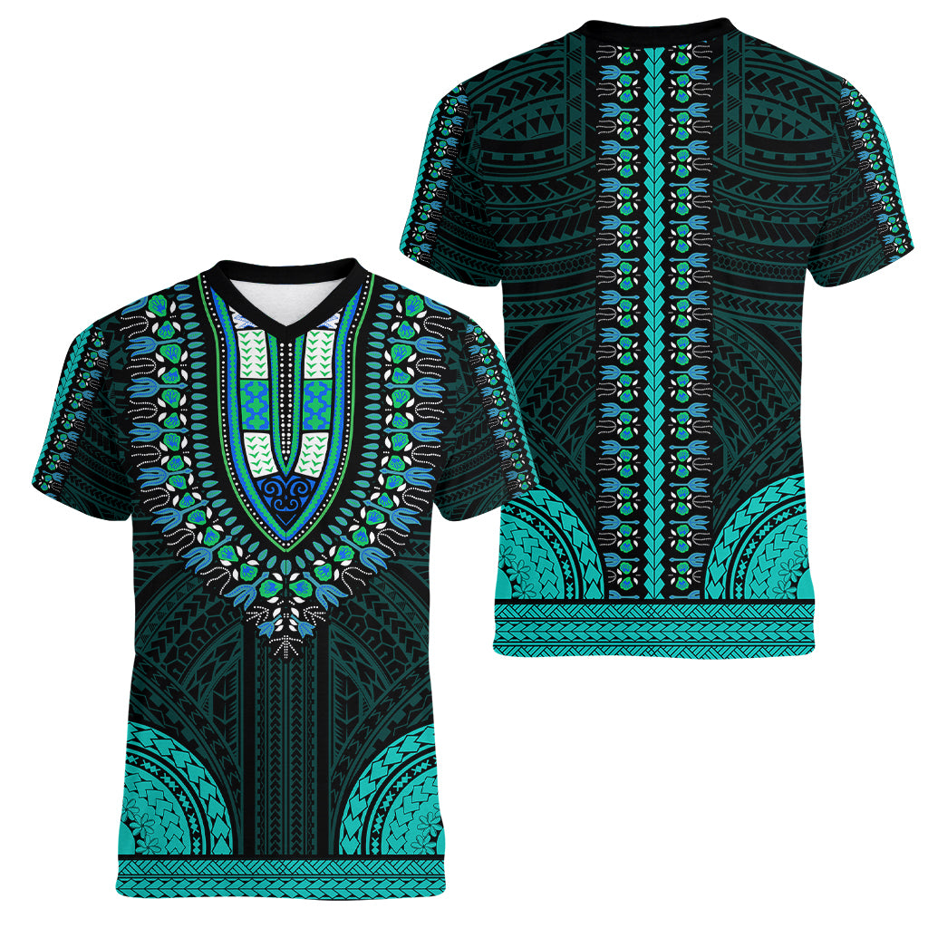 African Dashiki Women V Neck T Shirt With Polynesian Pattern - Teal LT9 - Polynesian Pride