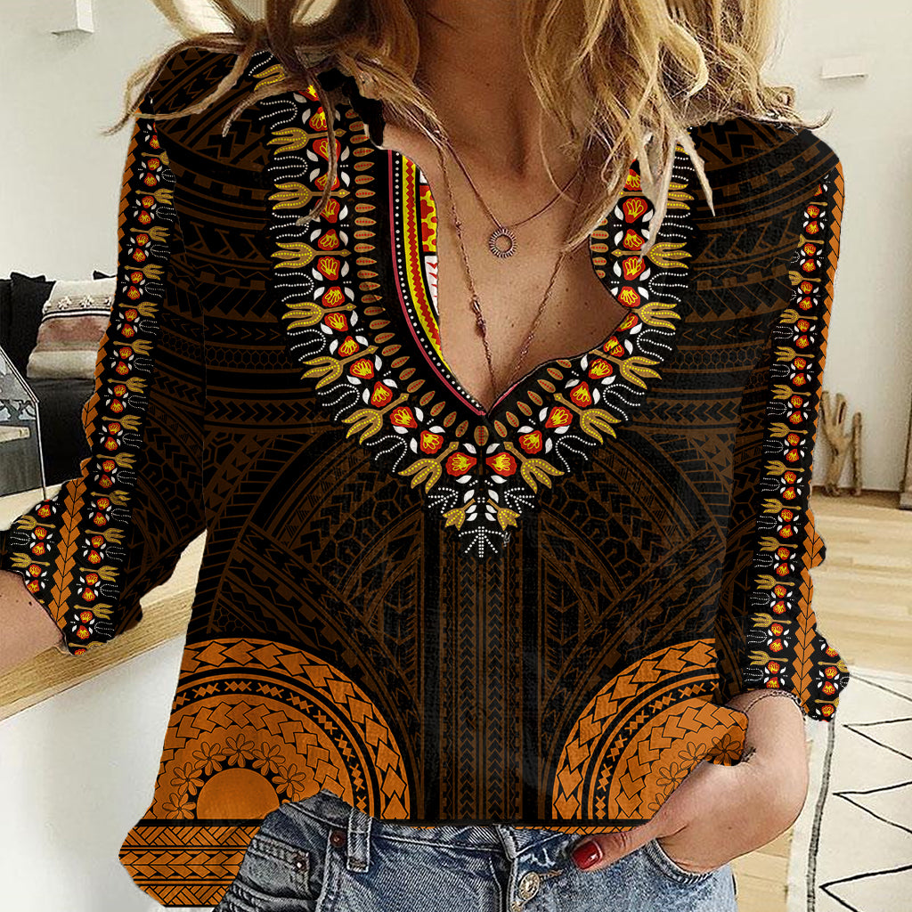 African Dashiki Women Casual Shirt With Polynesian Pattern - Gold LT9 Female Gold - Polynesian Pride