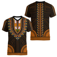 African Dashiki Women V Neck T Shirt With Polynesian Pattern - Gold LT9 - Polynesian Pride