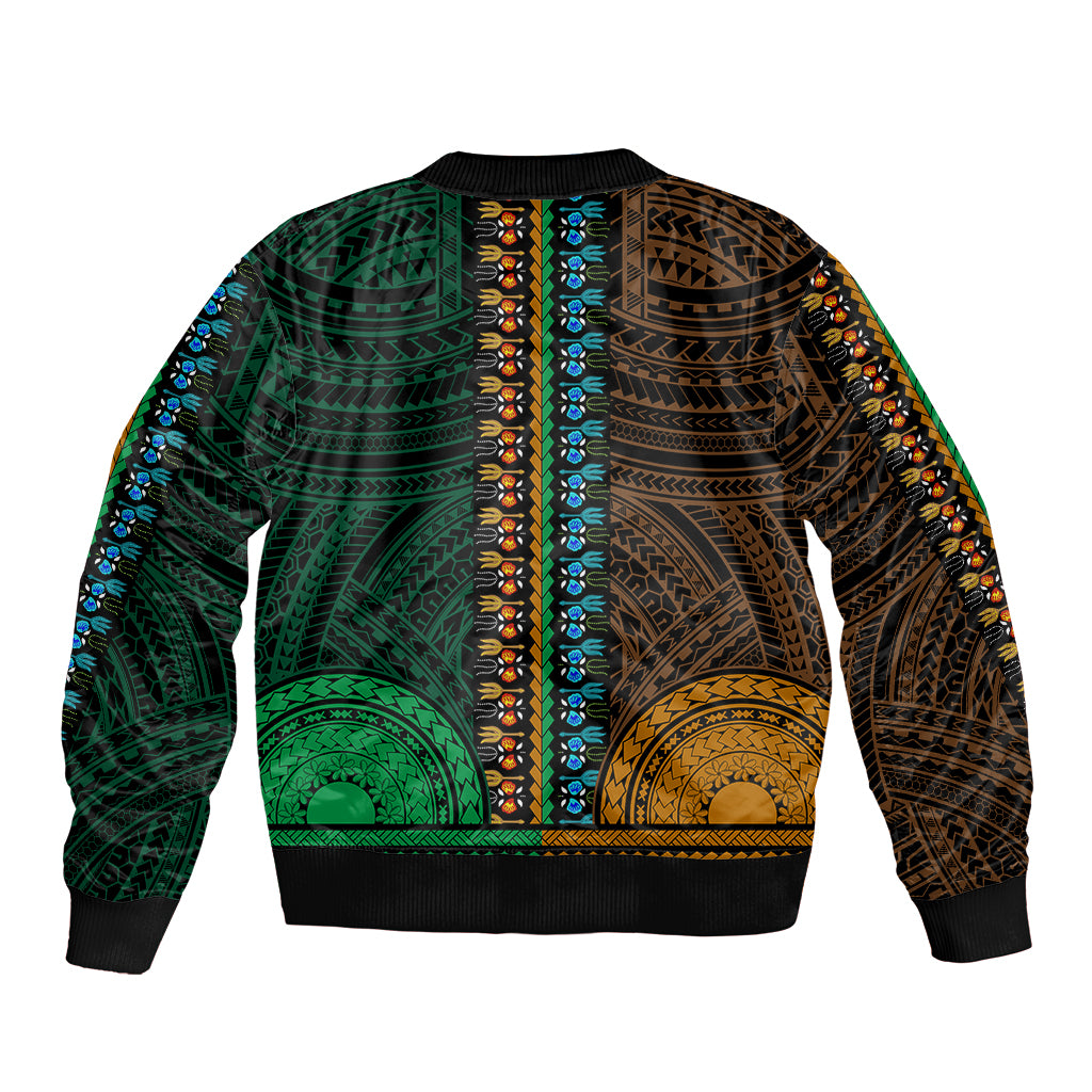 African Dashiki Bomber Jacket With Polynesian Pattern - Half Green and Gold LT9 - Polynesian Pride