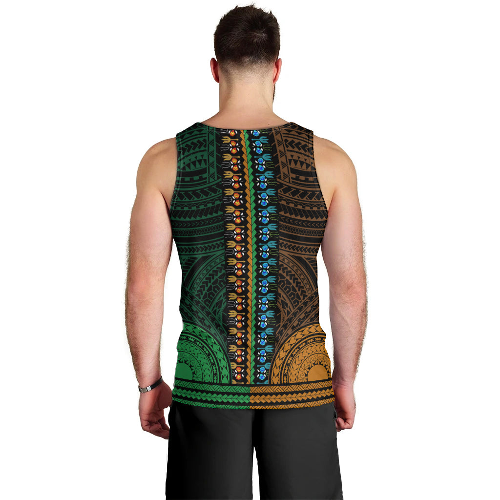African Dashiki Men Tank Top With Polynesian Pattern - Half Green and Gold LT9 - Polynesian Pride