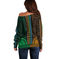 African Dashiki Off Shoulder Sweater With Polynesian Pattern - Half Green and Gold LT9 - Polynesian Pride