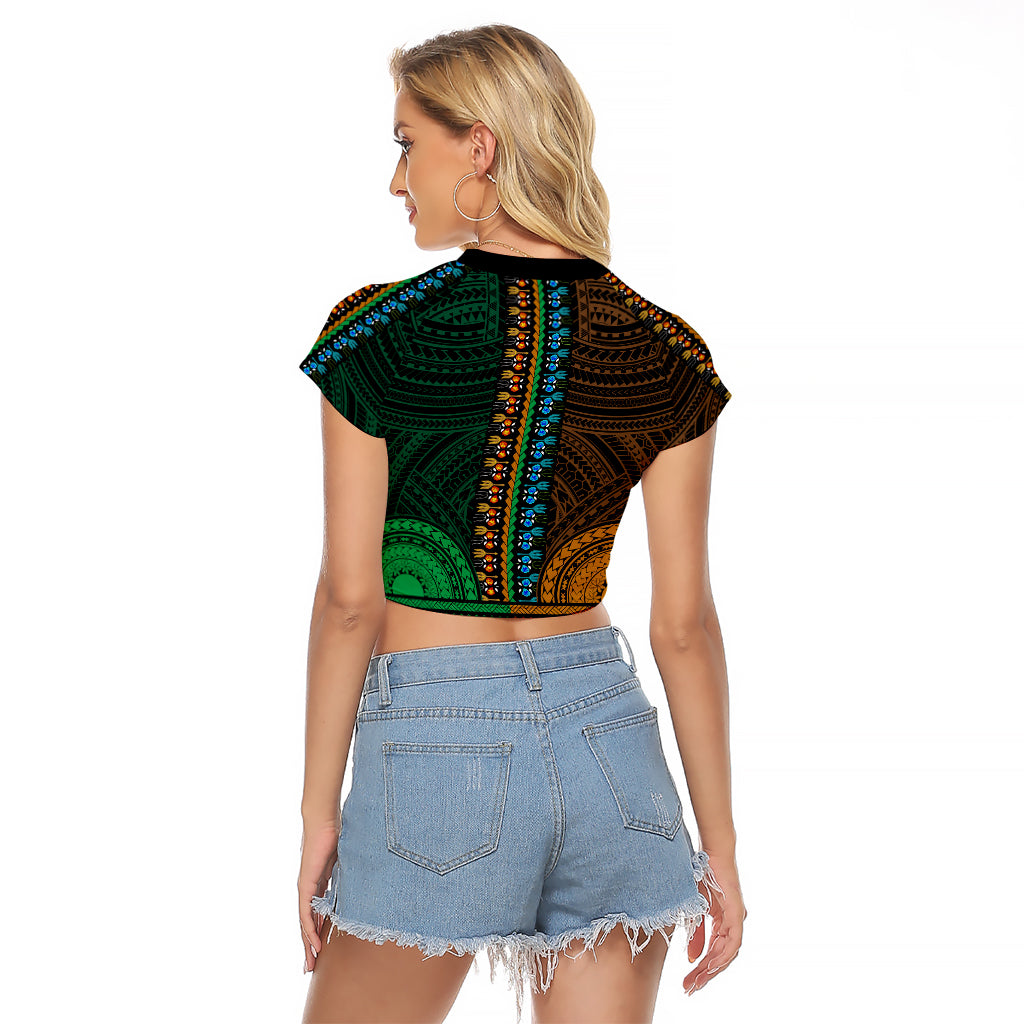 African Dashiki Raglan Cropped T Shirt With Polynesian Pattern - Half Green and Gold LT9 - Polynesian Pride