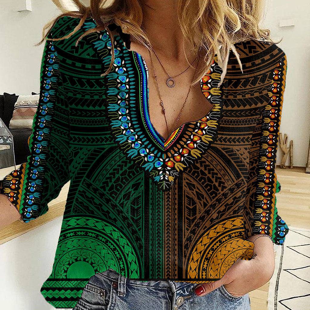 African Dashiki Women Casual Shirt With Polynesian Pattern - Half Green and Gold LT9 Female Green and Gold - Polynesian Pride