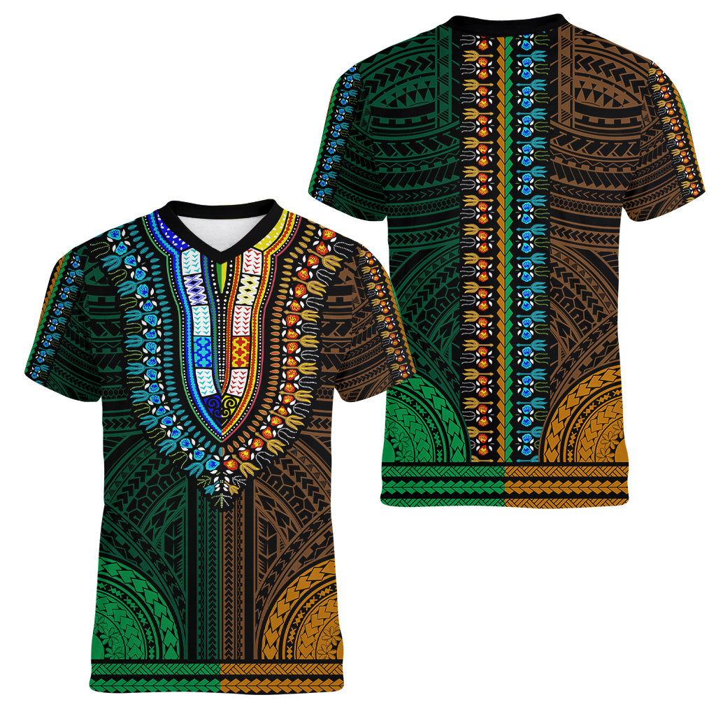 African Dashiki Women V Neck T Shirt With Polynesian Pattern - Half Green and Gold LT9 - Polynesian Pride