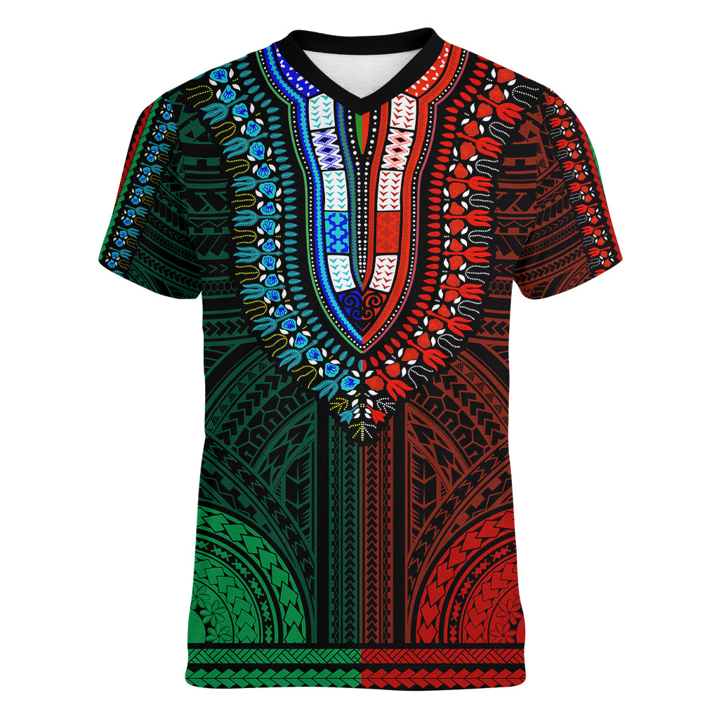 African Dashiki Women V Neck T Shirt With Polynesian Pattern - Half Green and Red LT9 Female Green and Red - Polynesian Pride