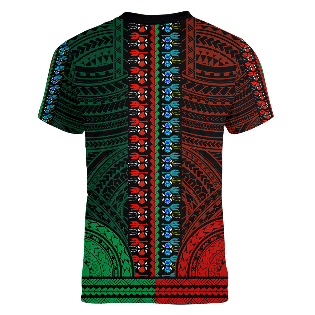 African Dashiki Women V Neck T Shirt With Polynesian Pattern - Half Green and Red LT9 - Polynesian Pride