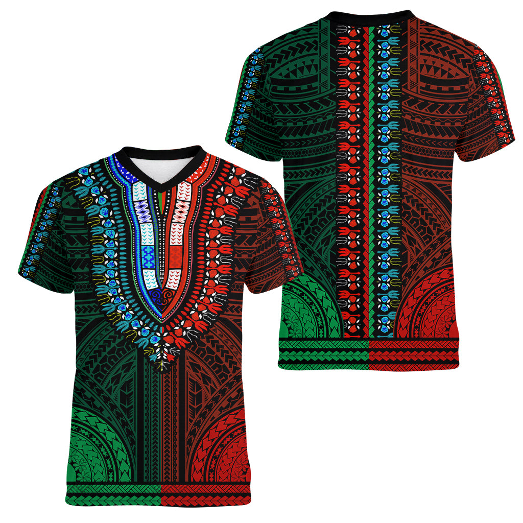 African Dashiki Women V Neck T Shirt With Polynesian Pattern - Half Green and Red LT9 - Polynesian Pride