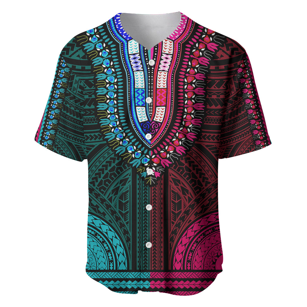 African Dashiki Baseball Jersey With Polynesian Pattern - Half Teal and Pink LT9 Teal and Pink - Polynesian Pride