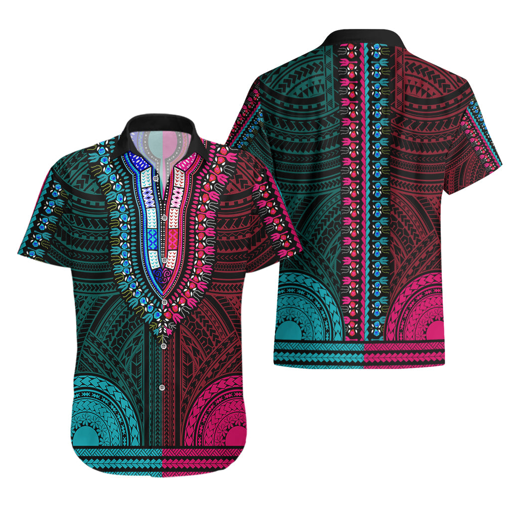 African Dashiki Hawaiian Shirt With Polynesian Pattern - Half Teal and Pink LT9 - Polynesian Pride