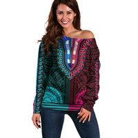 African Dashiki Off Shoulder Sweater With Polynesian Pattern - Half Teal and Pink LT9 Women Teal and Pink - Polynesian Pride