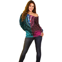 African Dashiki Off Shoulder Sweater With Polynesian Pattern - Half Teal and Pink LT9 - Polynesian Pride