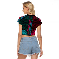 African Dashiki Raglan Cropped T Shirt With Polynesian Pattern - Half Teal and Pink LT9 - Polynesian Pride