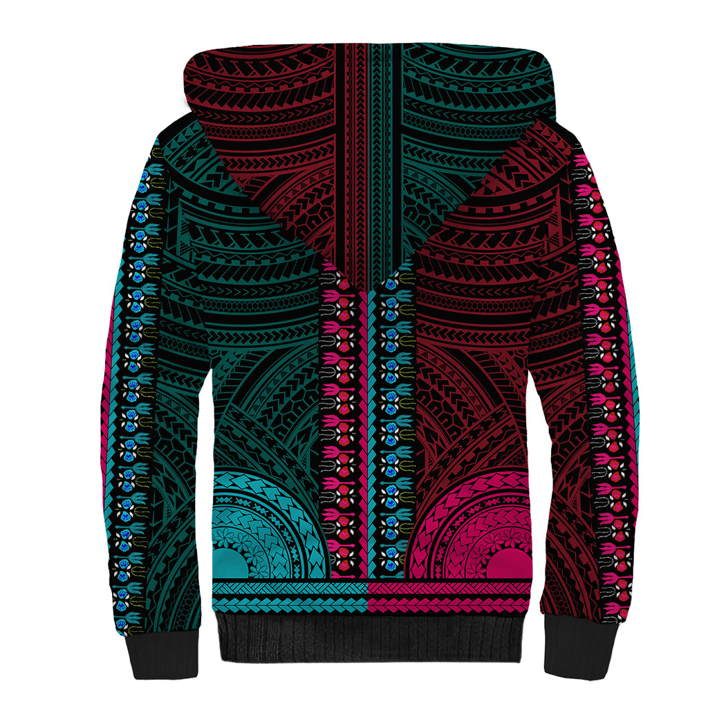 African Dashiki Sherpa Hoodie With Polynesian Pattern - Half Teal and Pink LT9 - Polynesian Pride