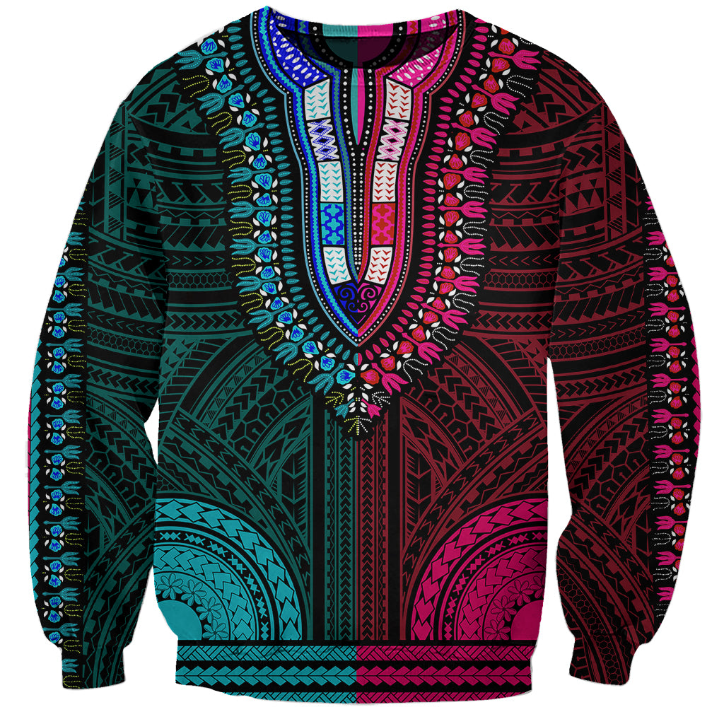 African Dashiki Sweatshirt With Polynesian Pattern - Half Teal and Pink LT9 Unisex Teal and Pink - Polynesian Pride