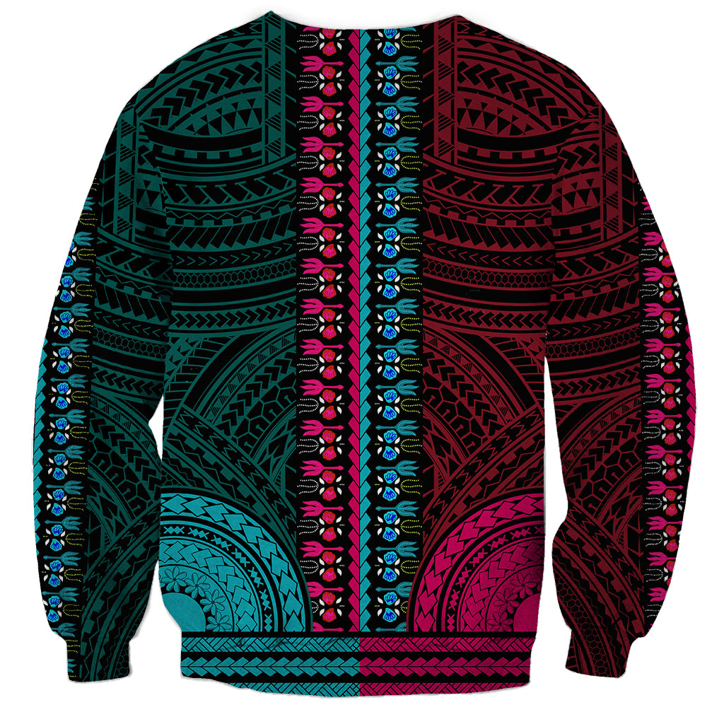 African Dashiki Sweatshirt With Polynesian Pattern - Half Teal and Pink LT9 - Polynesian Pride