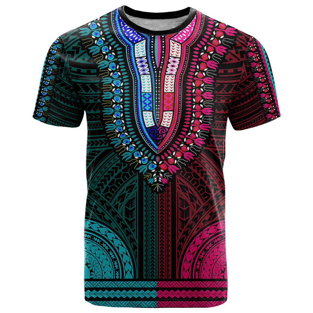 African Dashiki T Shirt With Polynesian Pattern Half Teal and Pink LT9 Teal and Pink - Polynesian Pride