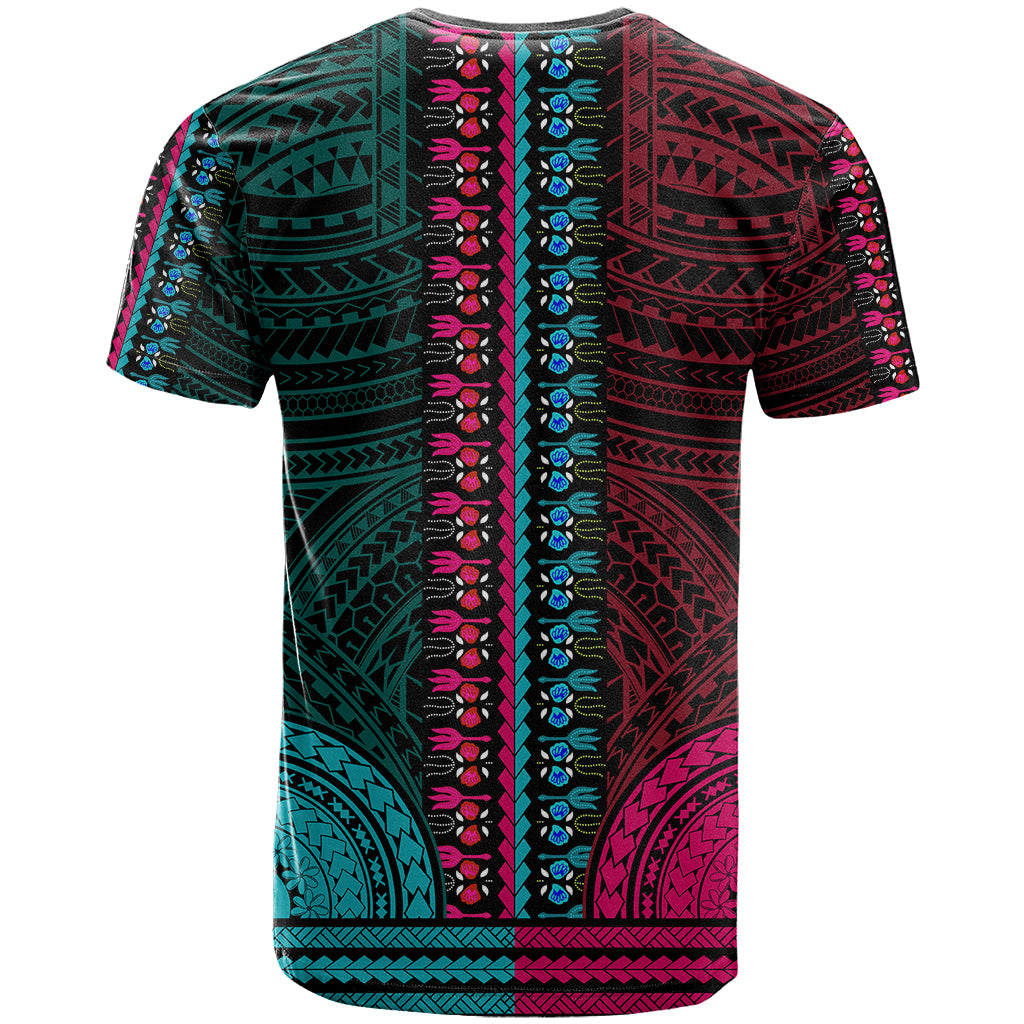 African Dashiki T Shirt With Polynesian Pattern Half Teal and Pink LT9 - Polynesian Pride