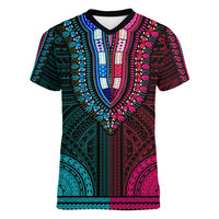 African Dashiki Women V Neck T Shirt With Polynesian Pattern - Half Teal and Pink LT9 Female Teal and Pink - Polynesian Pride
