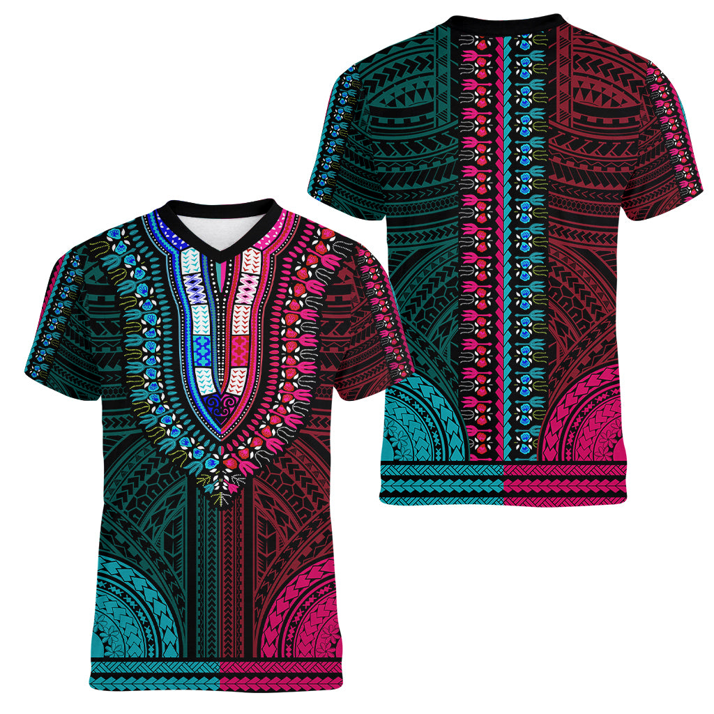 African Dashiki Women V Neck T Shirt With Polynesian Pattern - Half Teal and Pink LT9 - Polynesian Pride